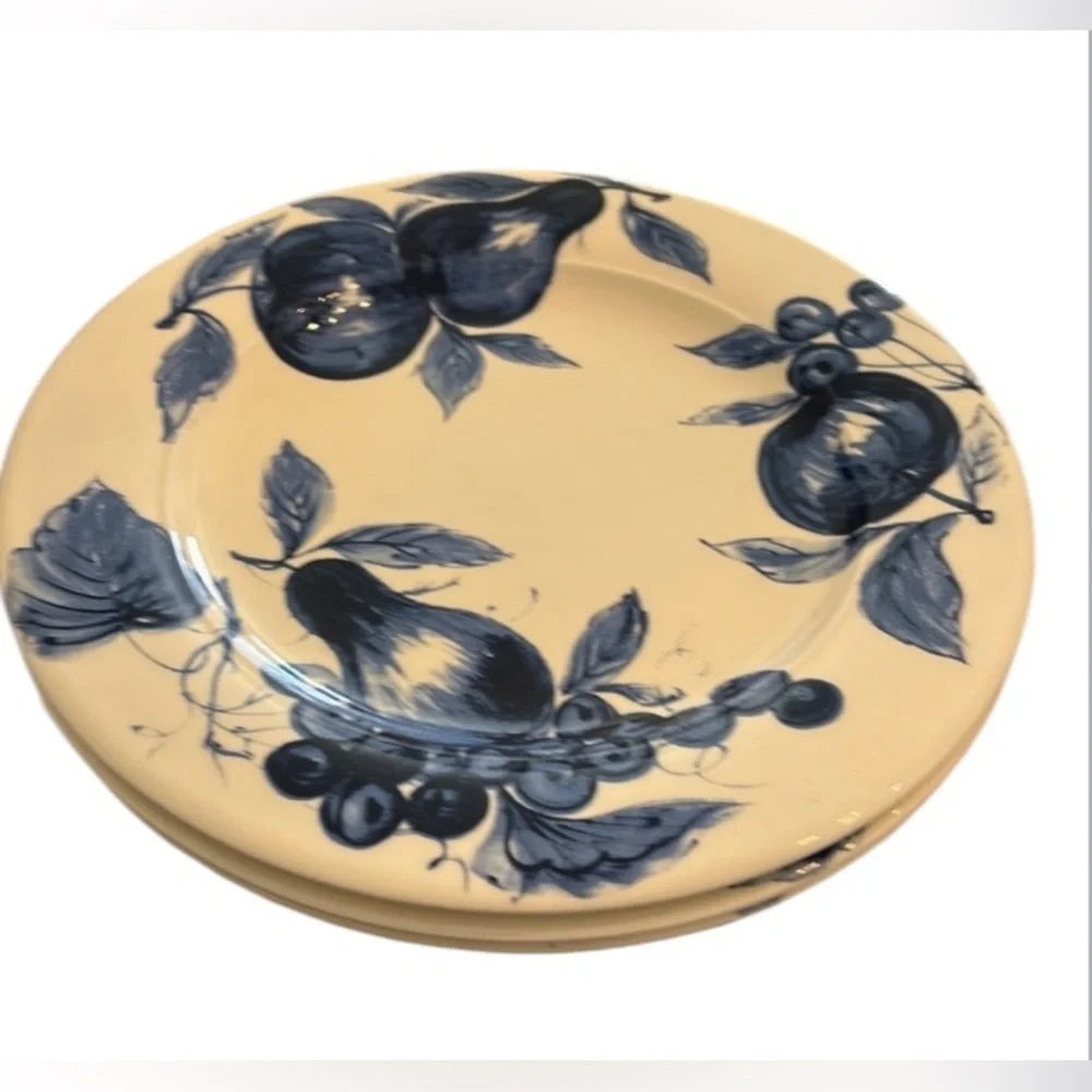Pier 1 Earthenware Melinda blue fruit pears (3) soup bowls & (3) dinner plates